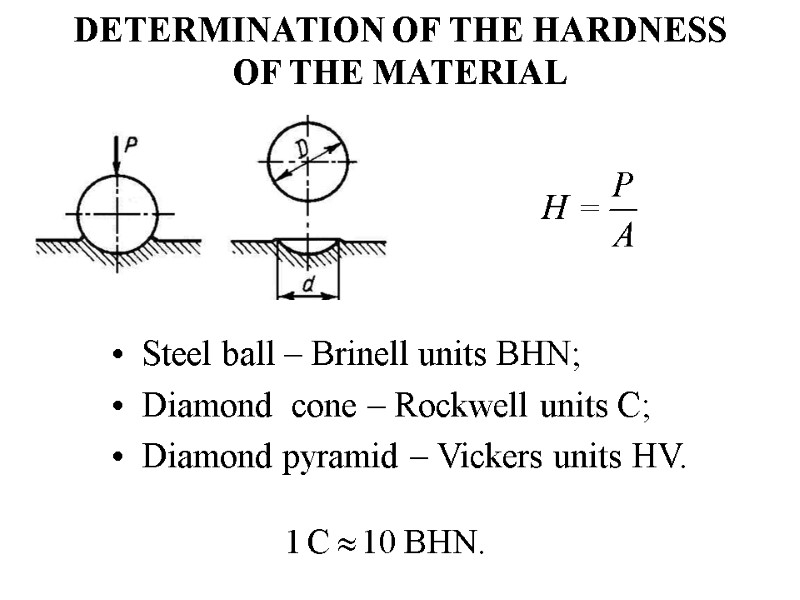DETERMINATION OF THE HARDNESS OF THE MATERIAL Steel ball – Brinell units BHN; Diamond